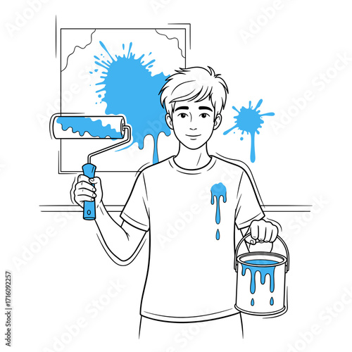 Teenager helping with painting, holding a paint roller and a bucket