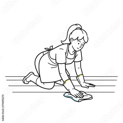 Woman cleaning a laminate floor on her knees with a cloth