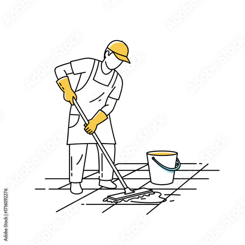Construction worker cleaning a tiled floor with a mop and bucket