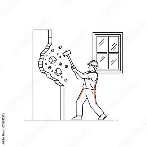 Construction worker demolishing a wall with a sledgehammer near a window