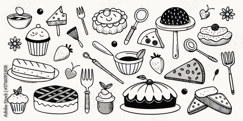 Assorted baked goods and dessert delights hand drawn sketch collection for baking enthusiasts