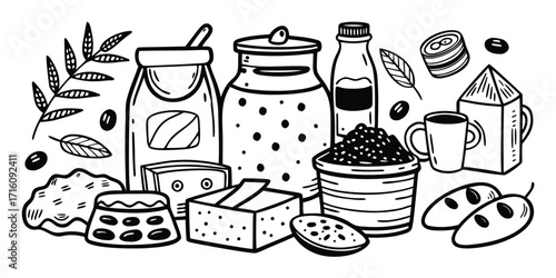 Artistic sketch of baking essentials ingredients and tools for delicious creations