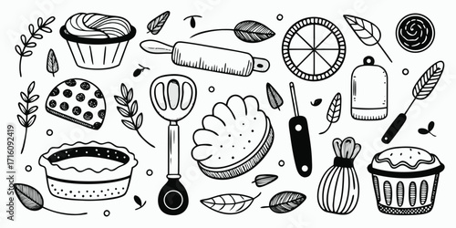 Hand drawn baking essentials collection featuring cupcakes pie dough rolling pin and more