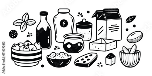 Hand-drawn baking essentials collection featuring ingredients and tools for culinary creations