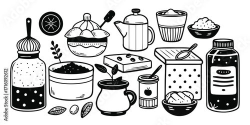 Hand drawn baking essentials collection includes jars spoons bottles and baking ingredients
