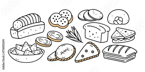 Delicious baked goods collection hand drawn style loaves slices sandwiches and pastries