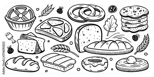 Delicious assortment of baked goods including bread pastries and cakes hand drawn sketch style