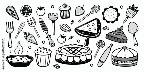 Collection of hand-drawn baking essentials and desserts featuring pies and cupcakes
