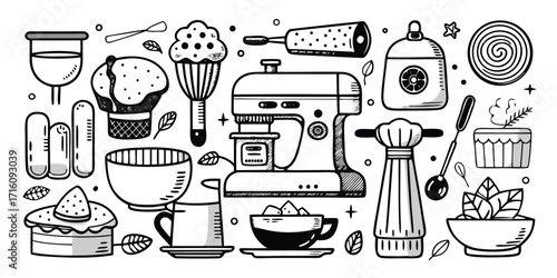 Baking essentials collection hand drawn sketch of kitchen tools and desserts