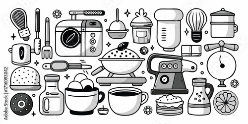 Whimsical hand drawn baking essentials collection kitchen tools and ingredients doodle art