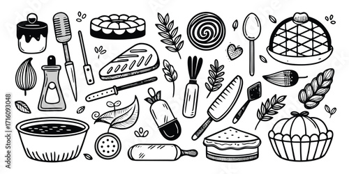 Whimsical baking essentials collection delicious pastries and kitchen tools hand-drawn style