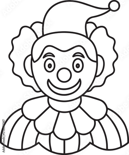 Simple cartoon clown face with curly hair and red cheeks outline vector illustration
