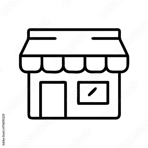 Simple line drawing of a storefront with awning and window  