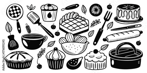 Diverse baking ingredients and tools collection sketch style for delicious treats