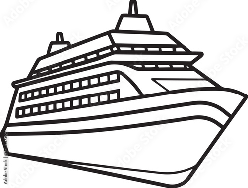 Simple line drawing of a large cruise ship on wavy water outline vector illustration