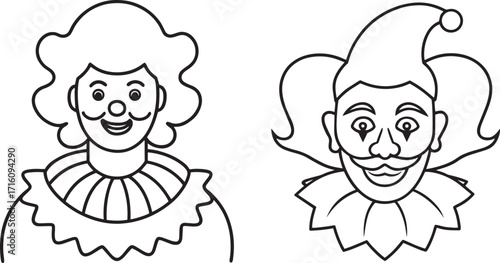 Set of Simple cartoon clown face with curly hair and red cheeks outline vector illustration
