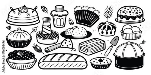 Hand-drawn baking essentials collection cake muffins bread pastry tools delicious treats