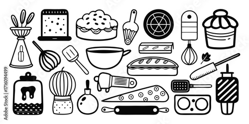 Hand-drawn baking essentials collection with cakes pies and kitchen tools on white