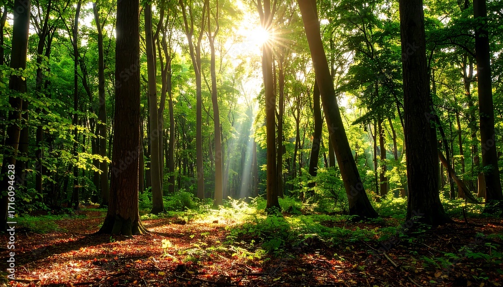 Obraz premium Sunbeams filtering through dense forest canopy