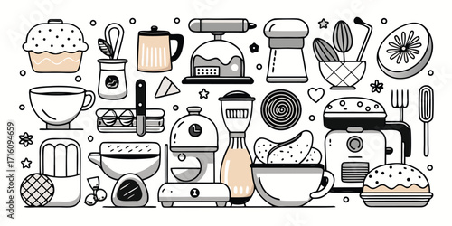 Diverse collection of baking essentials and kitchen gadgets hand-drawn art