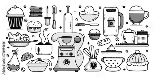 Baking essentials collection hand-drawn line art icons for culinary creations and kitchen tools