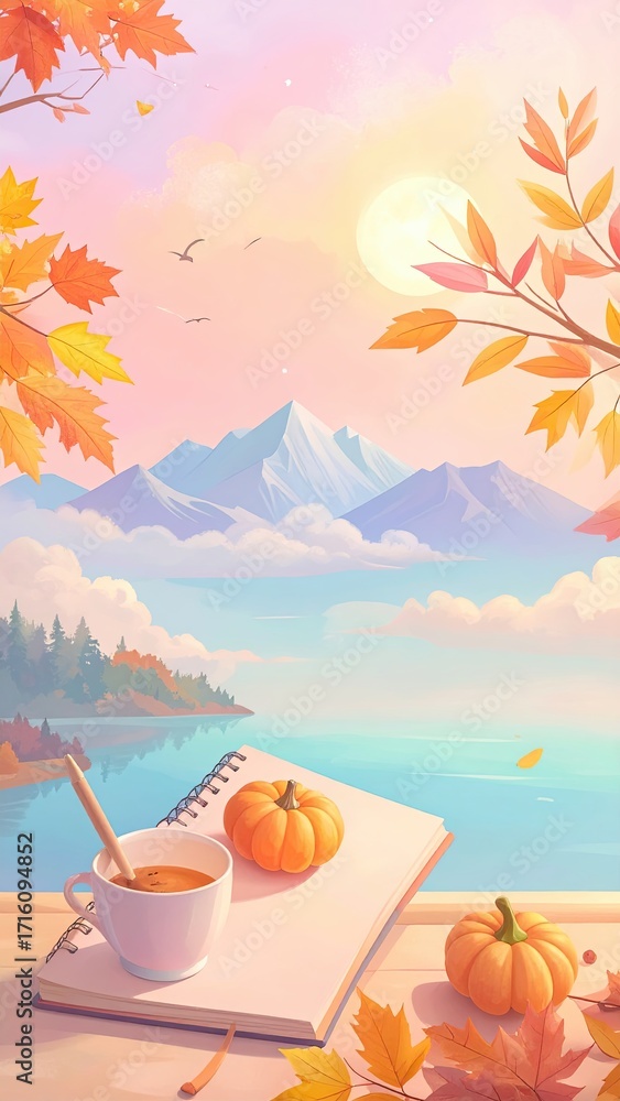 Fototapeta premium Fall Gratitude Journaling with Warm Beverages and Scenic Views in Nature's Embrace