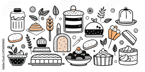 Whimsical baking essentials collection hand drawn sketch elements for desserts and pastries