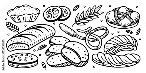 Diverse baking essentials hand drawn sketch collection delicious bread pastries and more