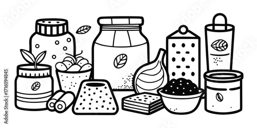 Baking essentials collection featuring jars spices nuts herbs and various containers for culinary creativity