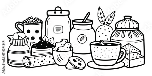Charming hand-drawn baking essentials collection featuring jars spices coffee tea and pastries