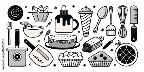Collection of hand-drawn baking essentials and treats for home bakers