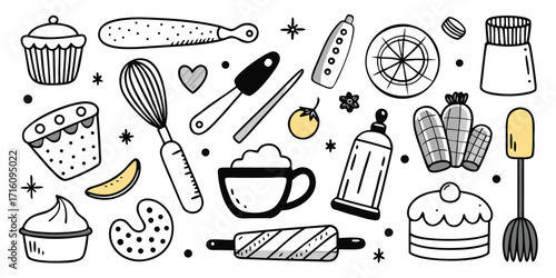 Hand-drawn baking essentials collection featuring cupcakes rolling pin whisk and cake decoration tools