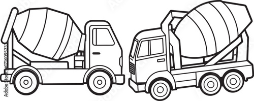 Set of Simple line drawing of a cement mixer truck for coloring outline vector illustration
