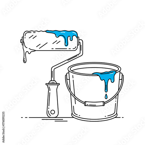 Paint roller and bucket with blue paint dripping in a minimalistic style