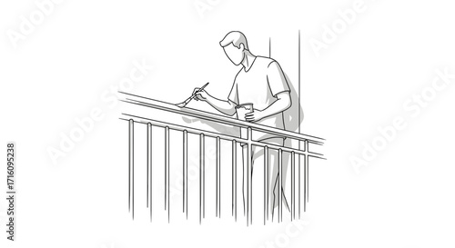 Man painting a railing with a brush in a minimalistic style