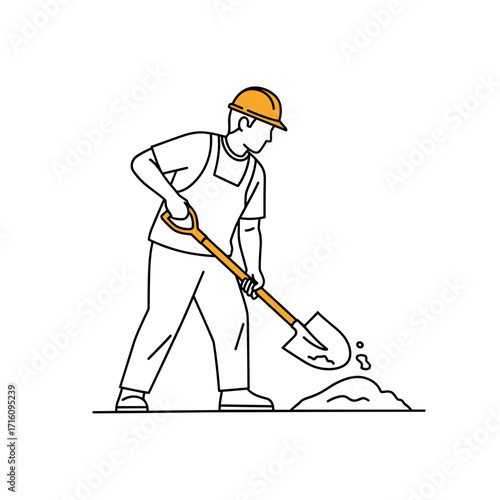 Construction worker using a shovel to dig and move soil at a job site