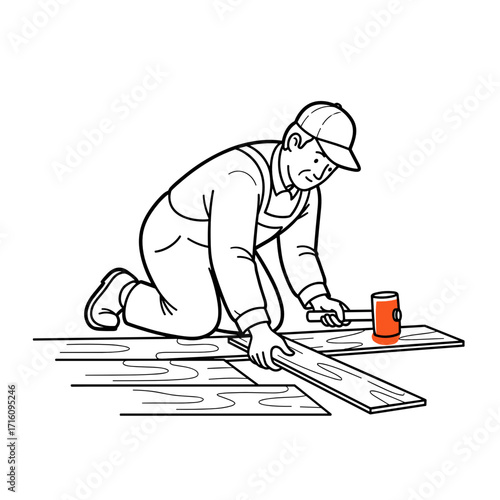Construction worker kneeling and installing wooden planks on the floor
