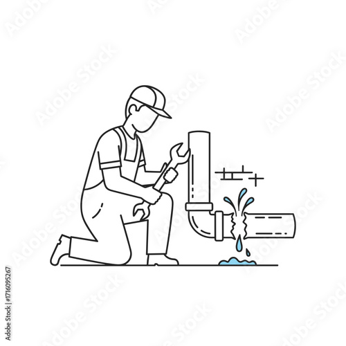 Plumber kneeling and fixing a leaking pipe with a wrench
