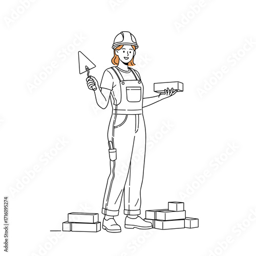 Female construction worker holding a trowel and bricks for masonry