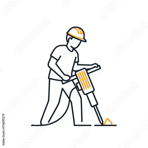 Construction worker using a jackhammer to break concrete at a job site