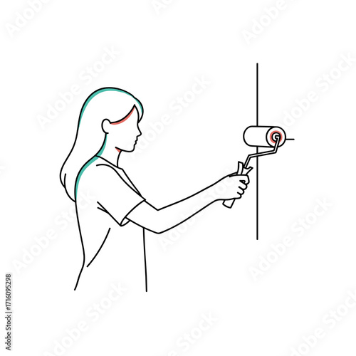 Woman painting a wall with a roller in a minimalistic style