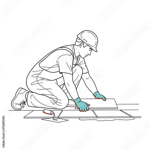 Construction worker kneeling and laying tiles with focus and precision