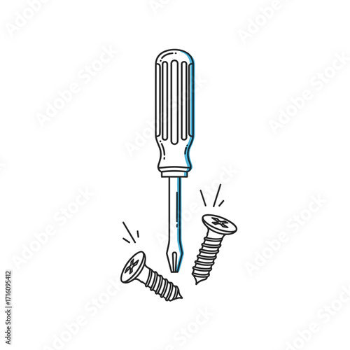 Screwdriver and screws with sparks in a minimalistic style for hardware projects