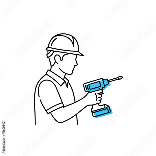 Construction worker holding a power drill confidently with focus on safety