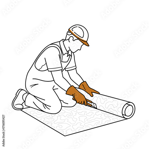 Construction worker cutting carpet with a knife while kneeling on the floor