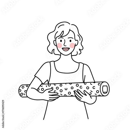 Cheerful woman holding a patterned wallpaper roll with excitement for decorating