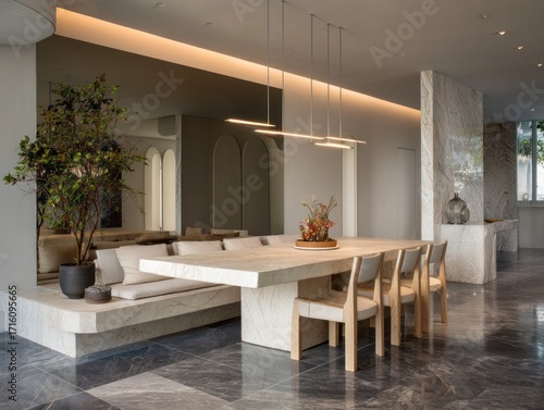 A modern dining area featuring a large, light-colored stone table, accented by natural wood chairs, and complemented by a neutral color palette.