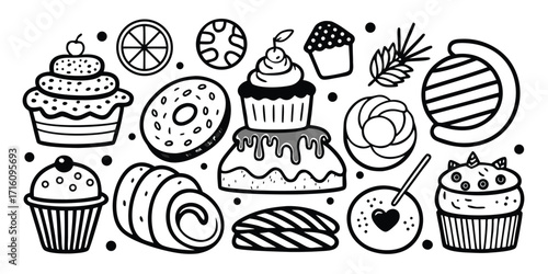 Whimsical hand-drawn collection of delicious desserts and sweet treats art