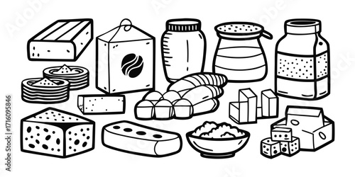 Hand-drawn baking ingredients collection featuring dairy and sweeteners for delicious recipes