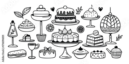 Charming hand-drawn baking essentials collection featuring cakes and pastries for culinary inspiration